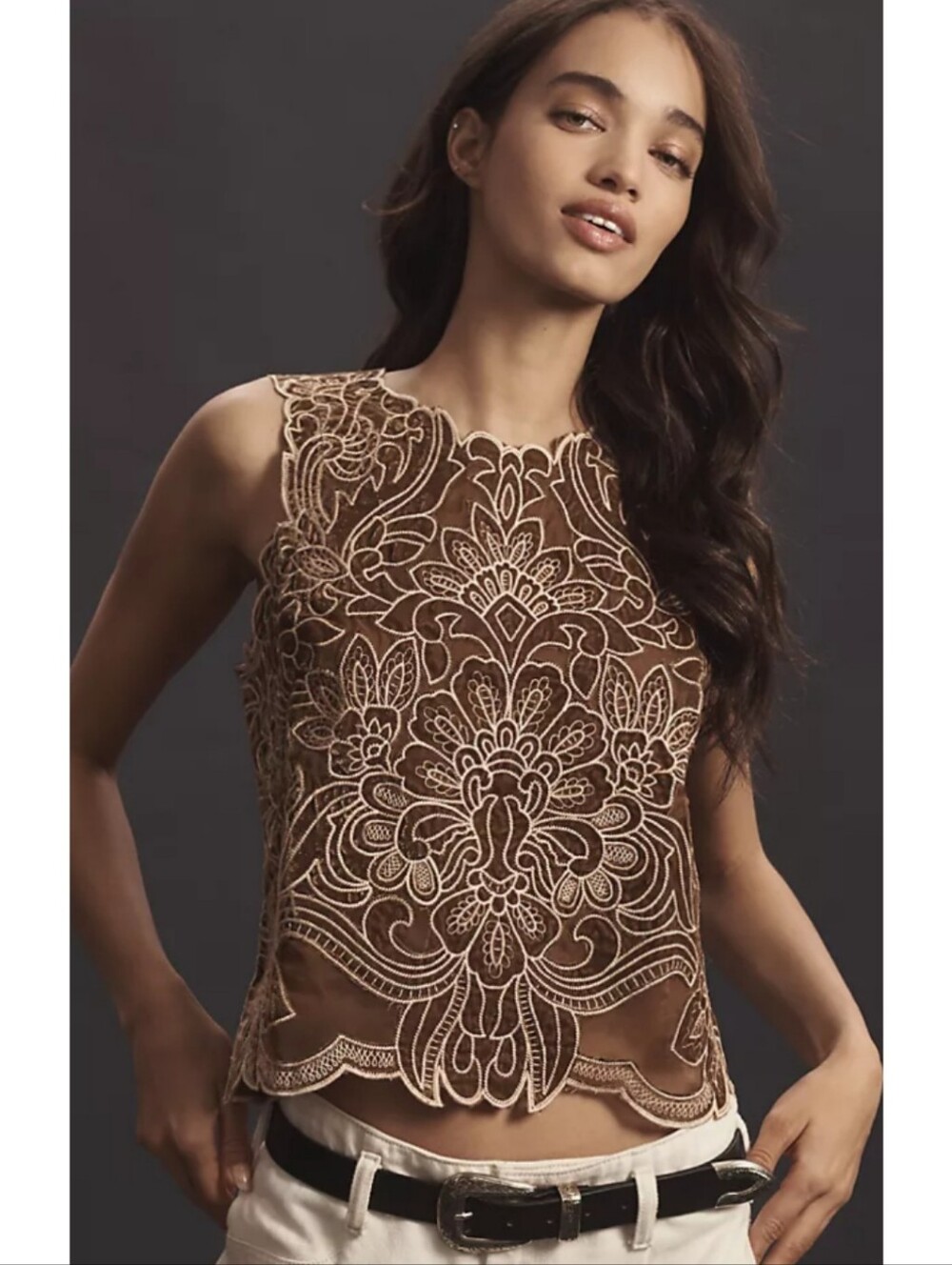 The Lainie High-Neck Lace Cutwork Blouse Sleeveless Velvet Edition Brown Medium